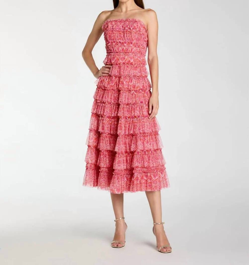NEW MAC DUGGAL floral strapless ruffle midi dress in pink multi